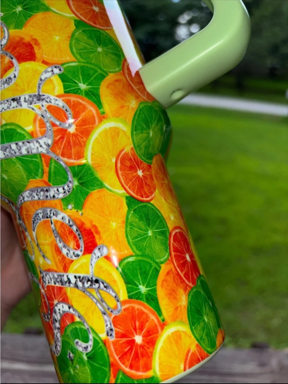 Green Citrus Pattern Travel Tumbler with Handle